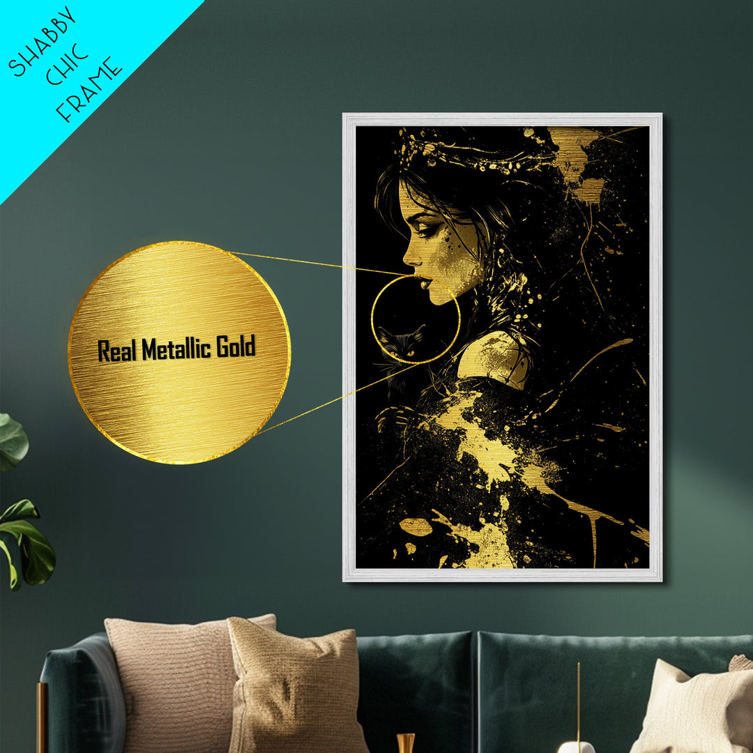 Metallic Gold Art Witch with Black Cat Halloween Wall Art | Spooky Gothic Metal Art with Real Wood Frame | Haunted Dark Witch Decor