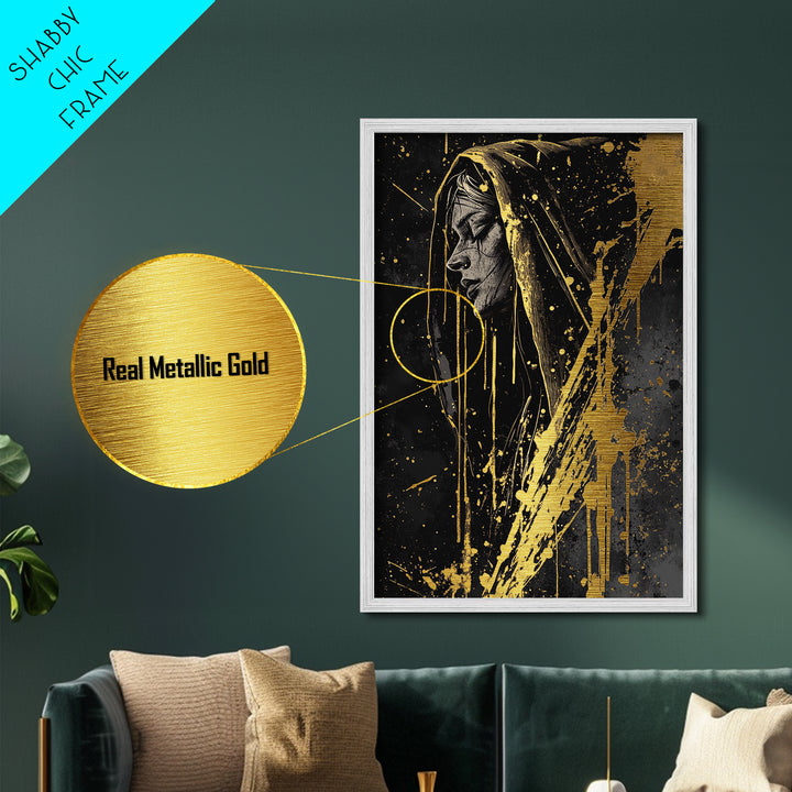 Haunted Hooded Woman Portrait Metallic Gold Art Metal Art, Gothic Halloween Wall Decor Framed in Natural Real Wood