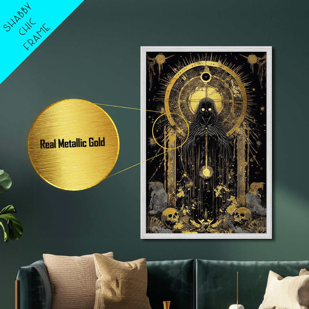 Occult Skeleton Priest Metallic Gold Art Metal Art, Creepy Gothic Horror Wall Hanging with Real Wood Frame