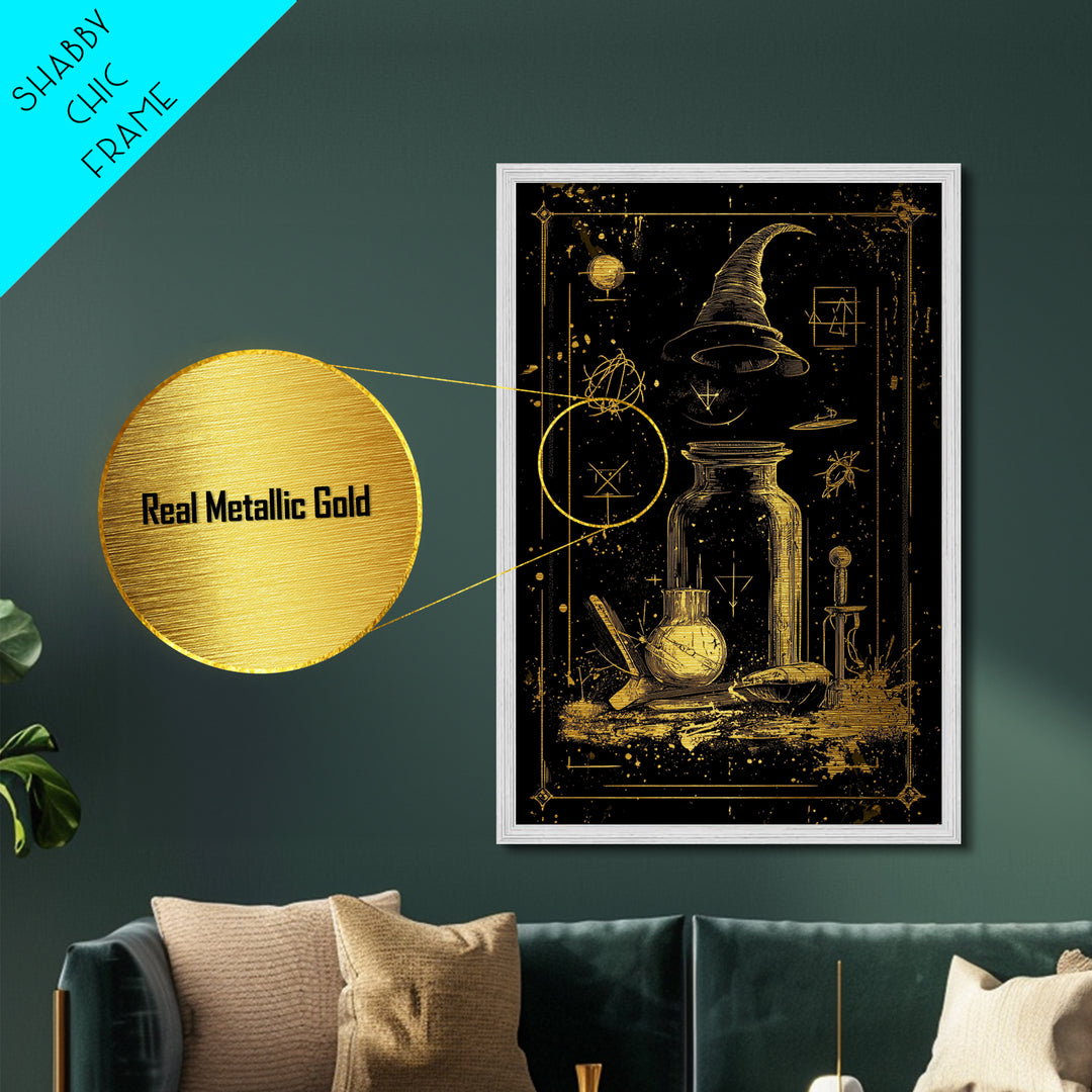 Witch Hat Potion Jar Metallic Gold Art Metal Art, Mystical Spooky Halloween Wall Print in Real Wood Framing