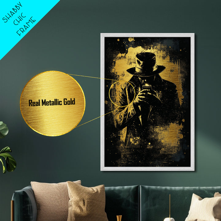 Creepy Hooded Detective Metallic Gold Art Metal Art, Haunted Noir Gothic Wall Art Halloween Style in Real Wood Frame