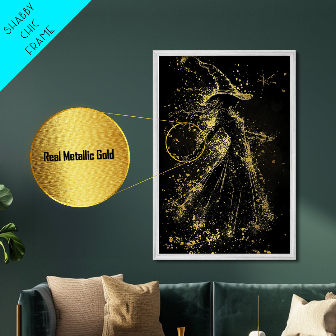 Witchy Woman Dancing Metallic Gold Art Metal Art, Enchanted Spooky Season Wall Print Framed in Genuine Wood