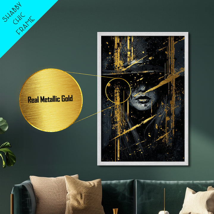 Haunted Witch Metallic Gold Art Metal Art, Gothic Horror Halloween Wall Print with Real Wood Frame Design