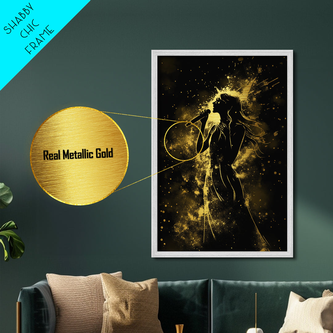 Singer in Starburst Gold Light – Metallic Gold Art, Spooky Halloween Metal Art with Real Wood Frame, Musical Halloween Wall Print