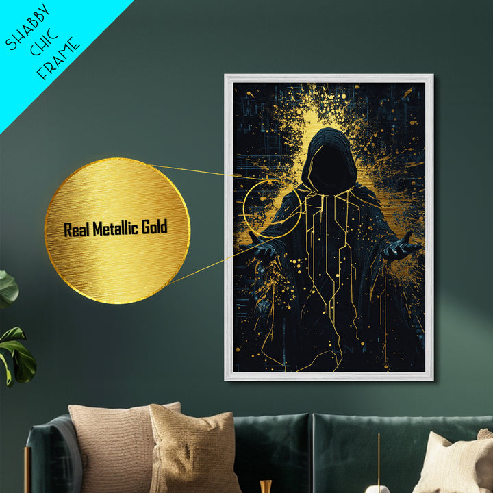 Hooded Cyber Mage Metallic Gold Art Metal Art, Futuristic Spooky Halloween Gothic Wall Art Framed in Solid Wood