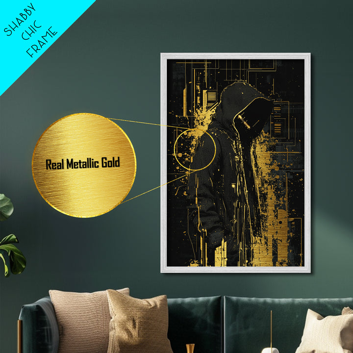 Hooded Phantom Wall Decor, Spooky Metallic Gold Art Metal Art for Halloween, Framed in Natural Real Wood Gothic Style