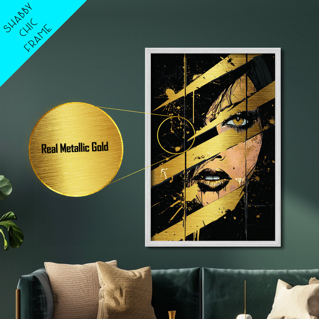 Creepy Woman’s Gaze with Claw Marks, Halloween Metallic Gold Art Metal Art, Spooky Wall Hanging in Real Wood Framed Design