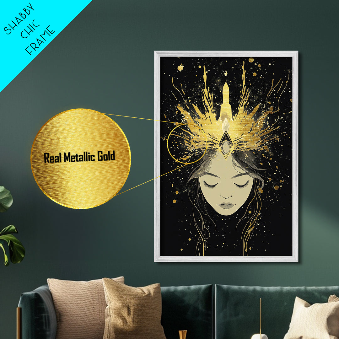 Crowned Sorceress Portrait, Halloween Metallic Gold Art Metal Art, Gothic Witchy Wall Decor in Natural Wood Frame