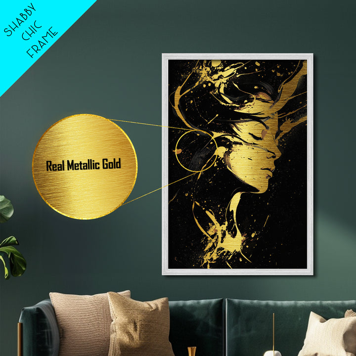 Haunted Woman in Golden Swirls, Halloween Metallic Gold Art Metal Art, Gothic Spooky Season Wall Hanging with Real Wood Frame