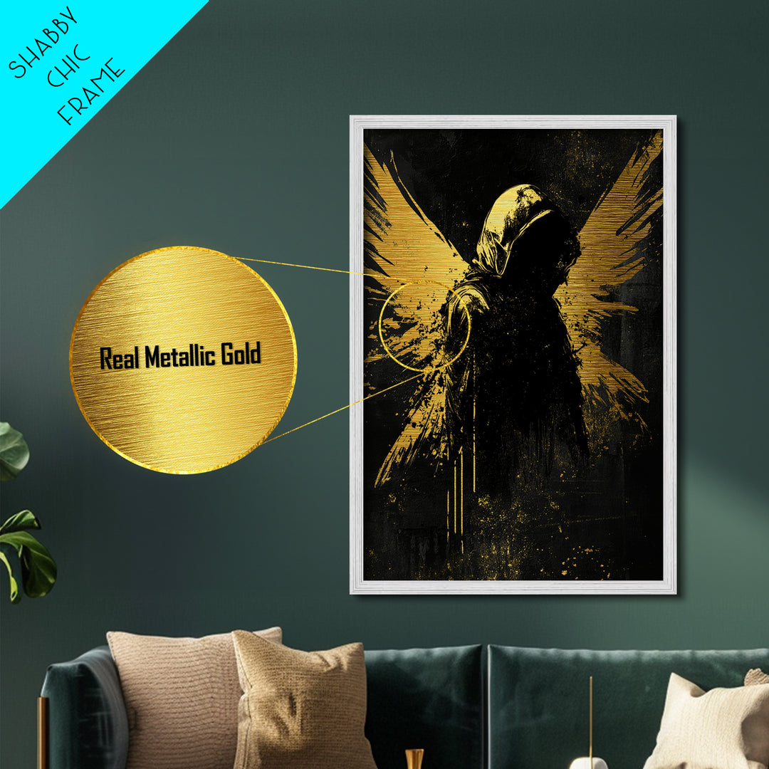 Shadowy Winged Figure, Gothic Metallic Gold Art Metal Art for Haunted Wall Decor, Halloween Spooky Artwork in Real Wood Frame