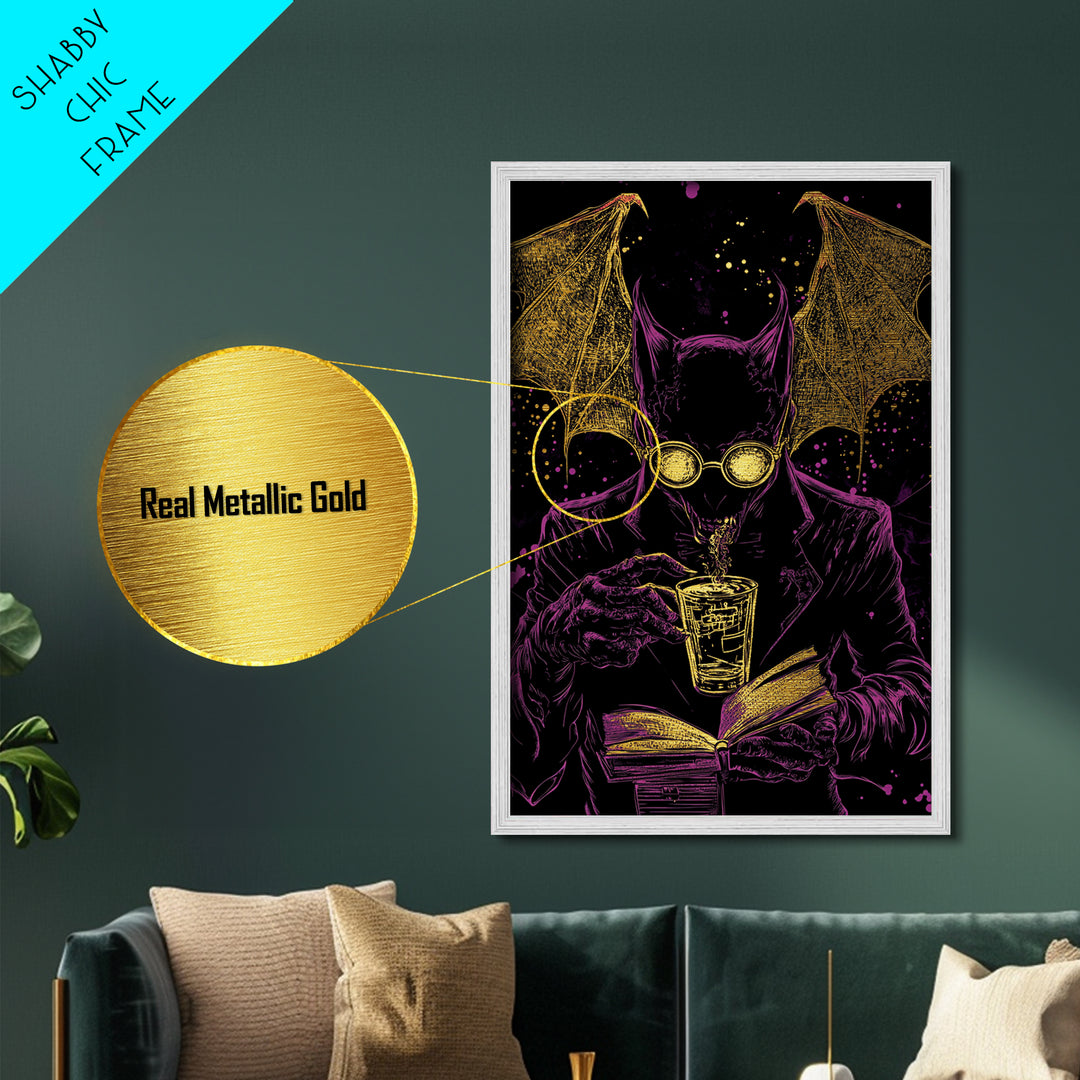 Bat Demon in Suit with Book – Metallic Gold Art, Spooky Vampire Metal Art with Real Wood Frame, Halloween Gothic Wall Decor