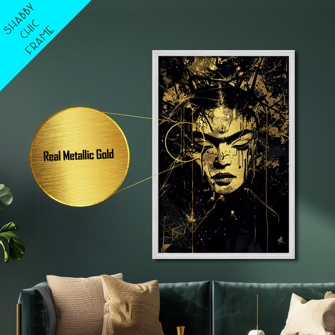 Dark Gothic Face with Crown, Horror Metallic Gold Art Metal Art, Framed Spooky Halloween Portrait in Authentic Wood Frame
