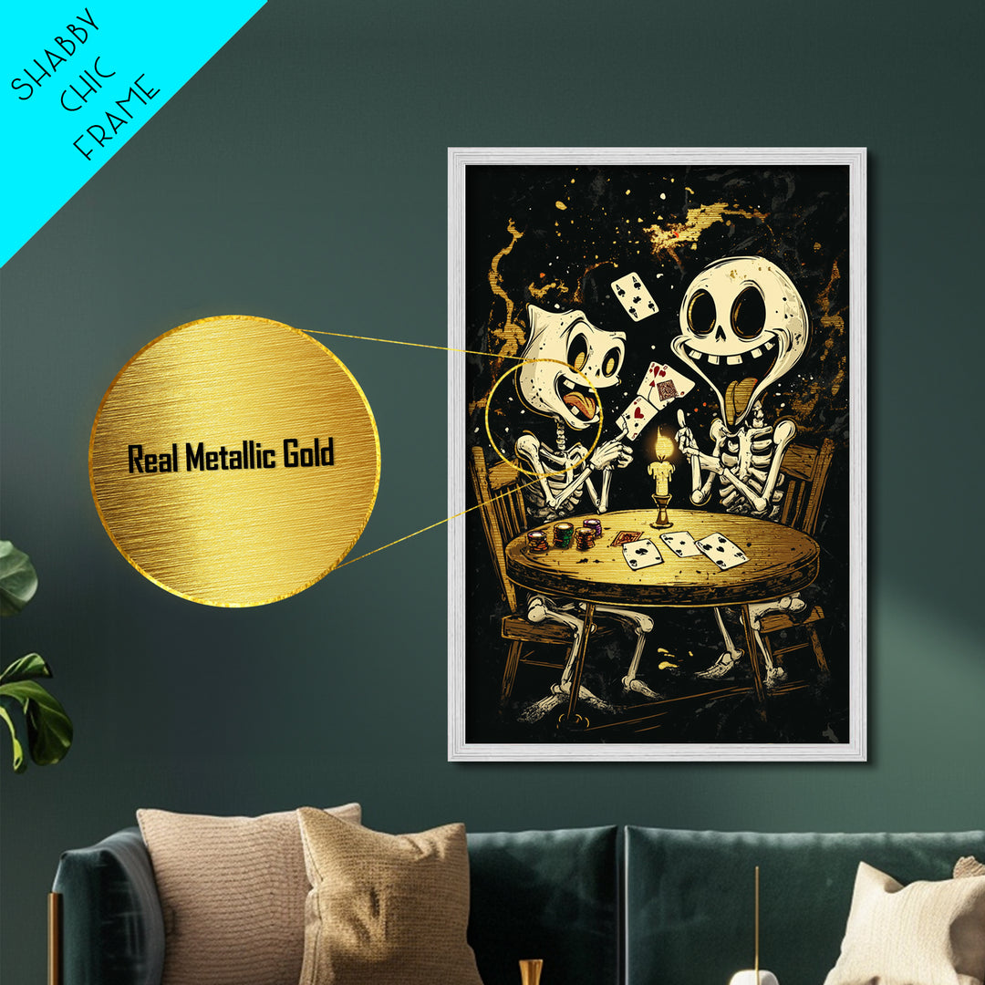 Eerie Shrouded Skeleton Holding Chess Piece, Metallic Gold Art, Spooky Gothic Metal Art Wall Hanging with Wood Frame