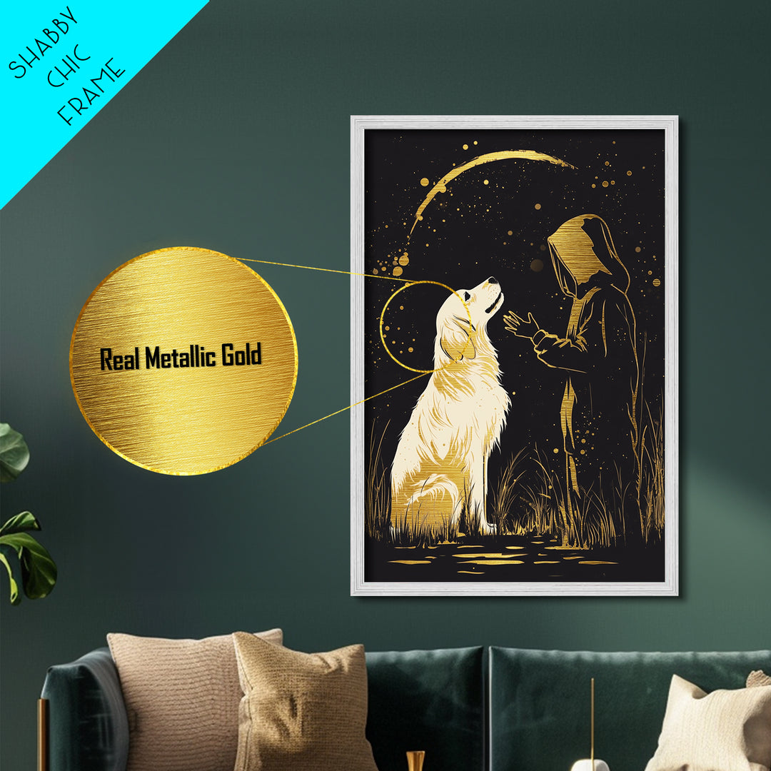 Ghostly Figure in Splattered Gold, Metallic Gold Art Metal Art Print, Framed Halloween Horror Scene in Natural Wood Frame