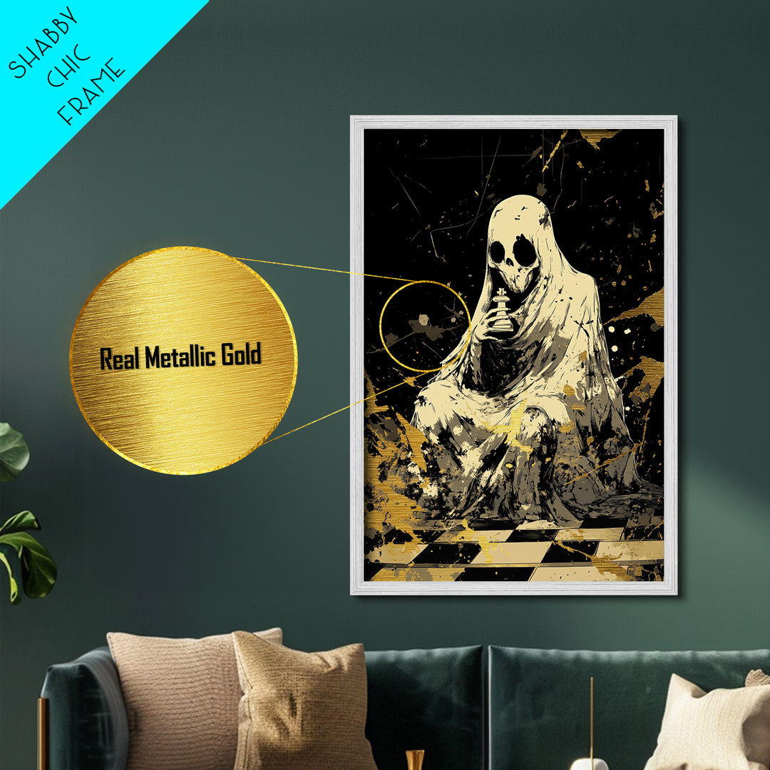 Golden Dog and Hooded Figure, Metallic Gold Art, Spooky Season Metal Art Print Framed in Real Wood, Halloween Wall Decor