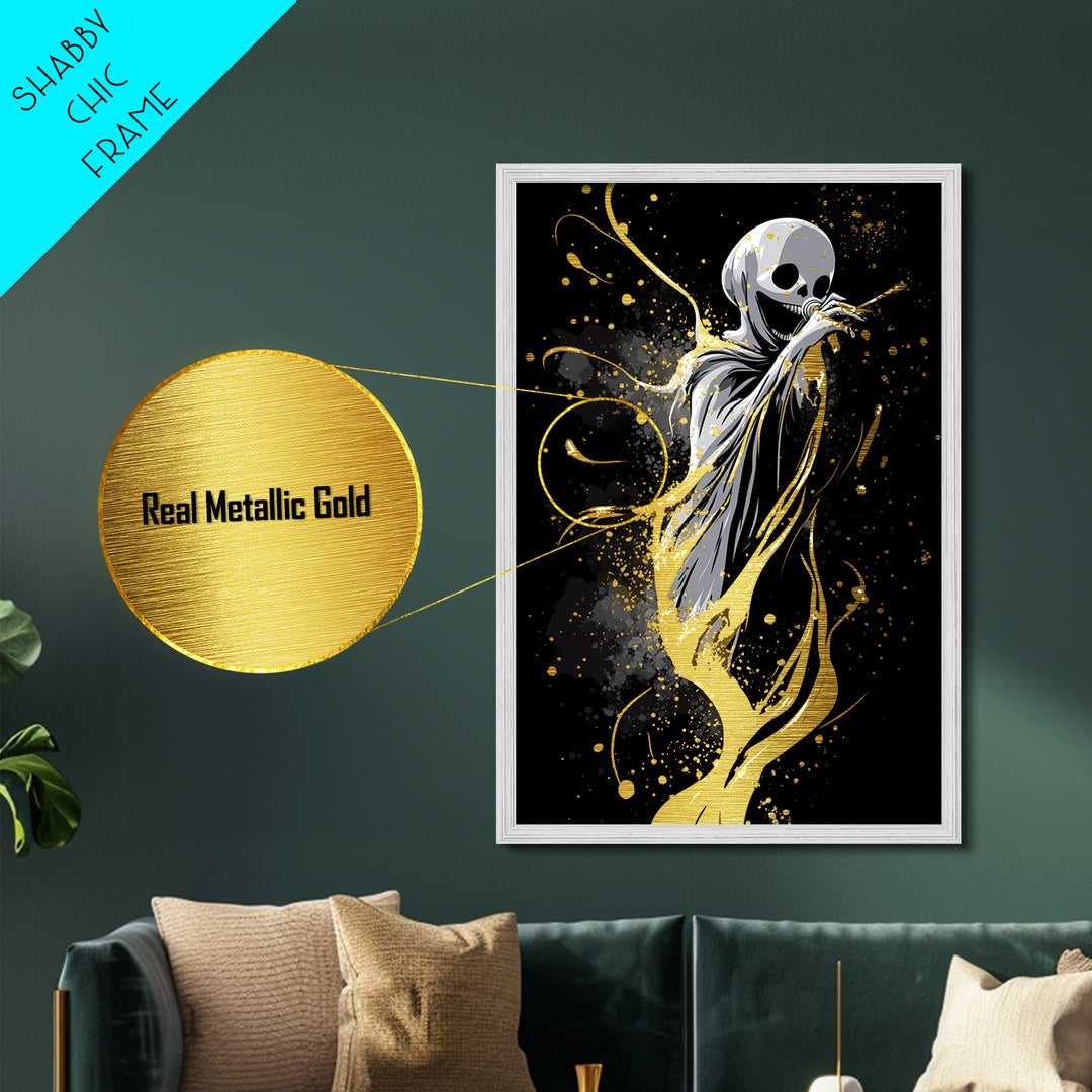 Mystic Masked Woman with Feathers, Gothic Metallic Gold Art, Spooky Season Metal Art Print Framed in Authentic Wood