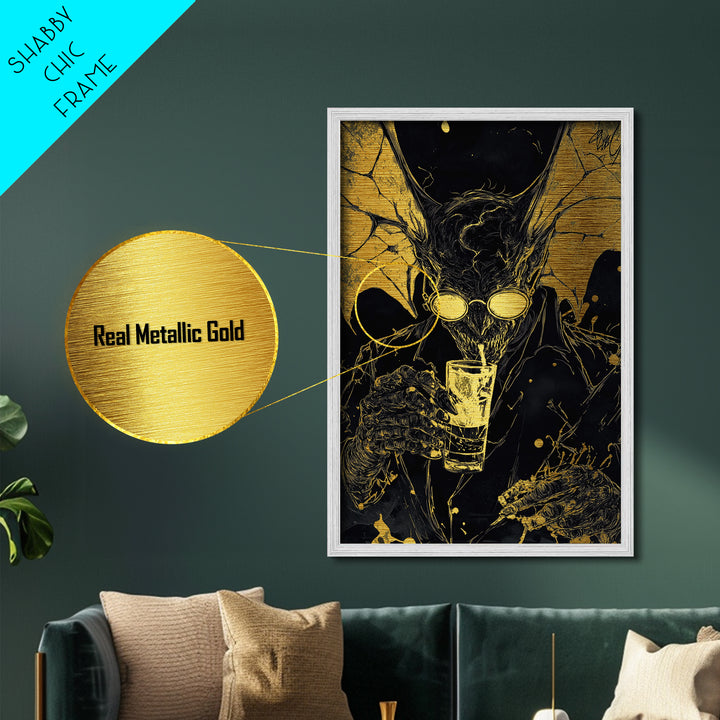 Gold Splatter Demon with Drink – Metallic Gold Art, Halloween Horror Metal Art in Real Wood Frame, Gothic Vampire Wall Print