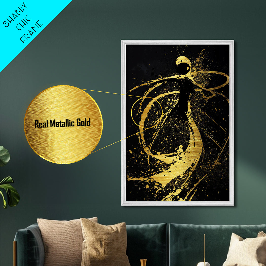 Swirling Spirit in Splatter Style, Metallic Gold Art Metal Art Print, Haunted Halloween Wall Decor with Framing in Real Wood