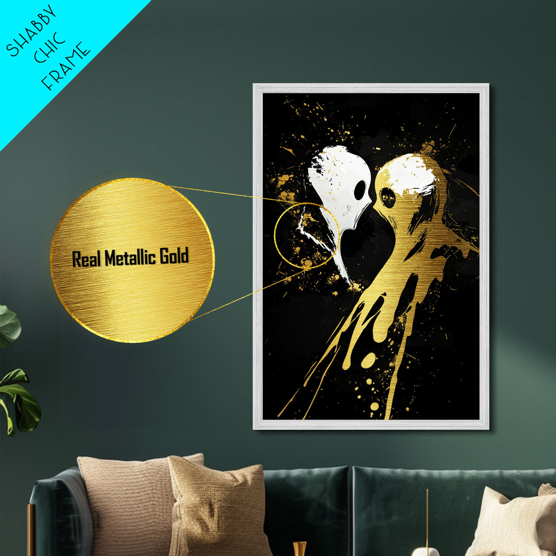 Haunted Ghost Kiss Metallic Gold Art Metal Art Spooky Halloween Wall Decor framed in natural real wood gothic home accent