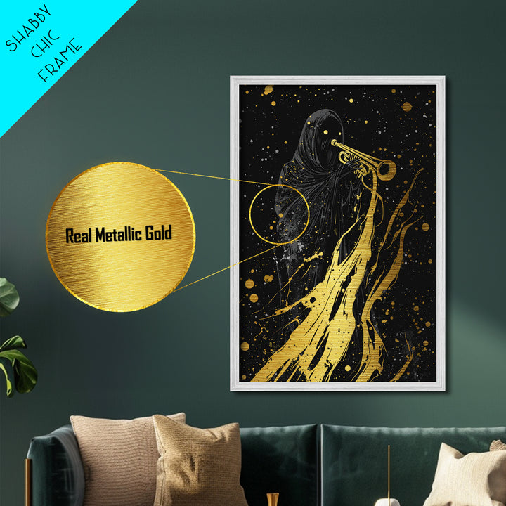 Reaper with Trumpet Metallic Gold Art Metal Art Spooky Halloween Gothic Wall Art in solid real wood frame horror wall décor