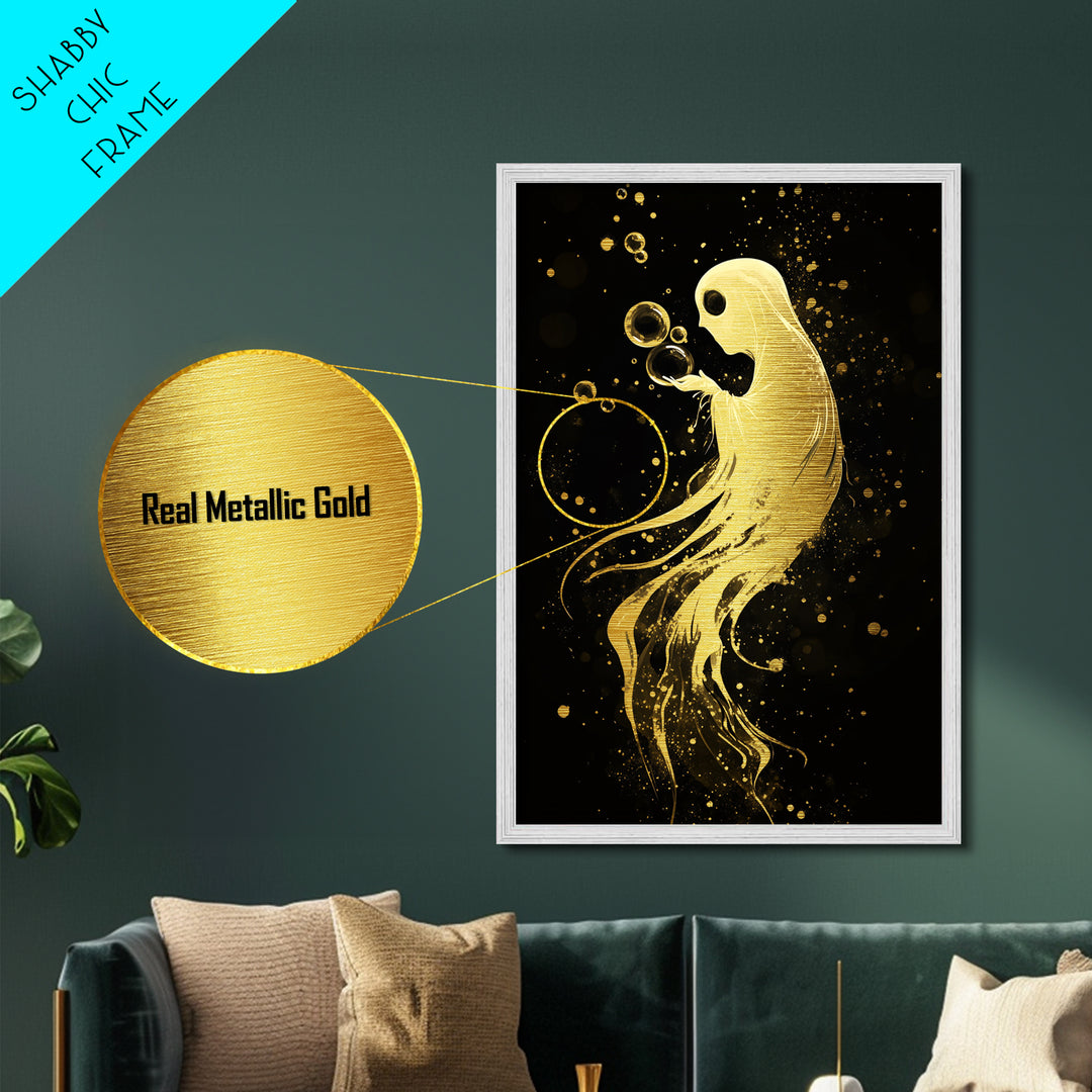 Floating Spirit with Bubbles Metallic Gold Art Metal Art Halloween Spooky Season Décor framed in authentic real wood wall art
