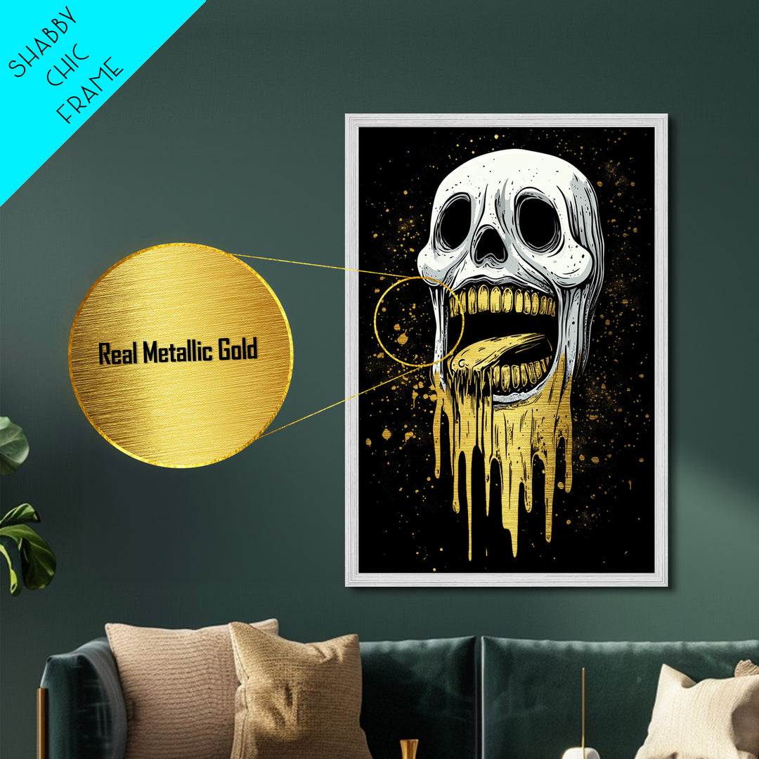 Melting Skull Horror Metallic Gold Art Metal Art Gothic Halloween Creepy Wall Hanging in rustic real wood frame spooky décor