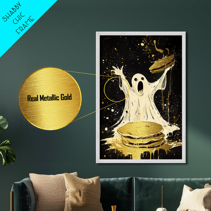 Ghost Pancake Breakfast Metallic Gold Art Metal Art Spooky Halloween Wall Décor framed in natural real wood playful haunted art
