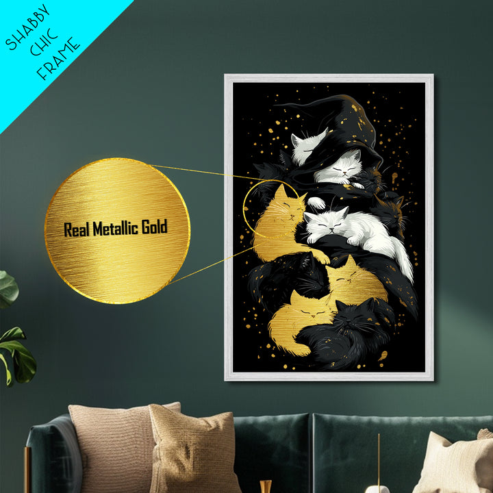 Witchy Cats Nap Metallic Gold Art Metal Art Halloween Gothic Feline Spooky Wall Decor framed with handcrafted real wood frame