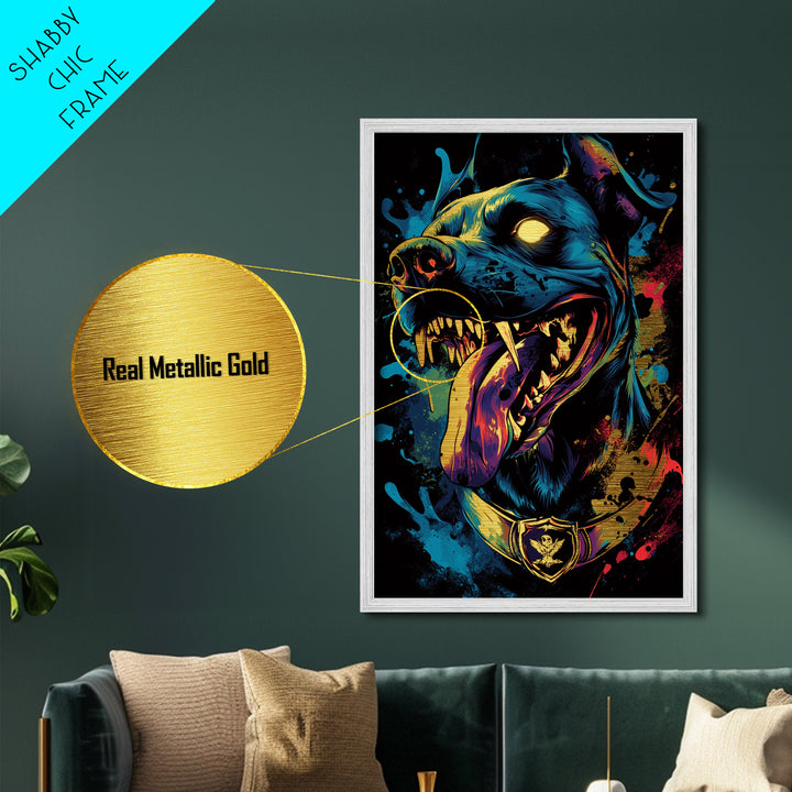 Hellhound Portrait Metallic Gold Art Metal Art Gothic Halloween Creepy Wall Art framed in real wood handmade spooky décor accent