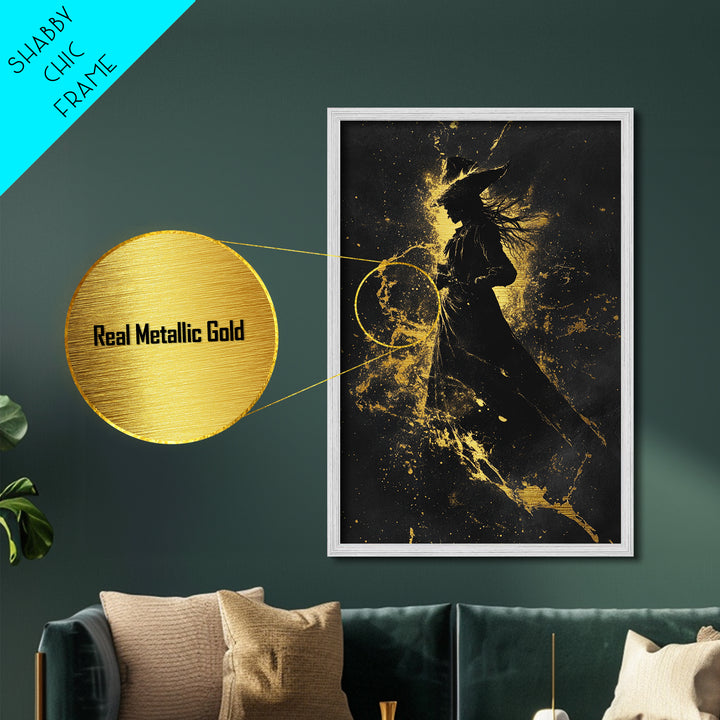 Elegant Witch Silhouette in Gold Explosion – Metallic Gold Art, Halloween Metal Art with Real Wood Frame, Spooky Sorceress Decor
