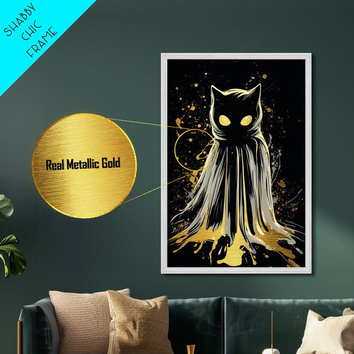 Haunted Cat Cloaked In Shadows Metallic Gold Art Metal Art | Spooky Halloween Wall Decor Framed In Natural Real Wood