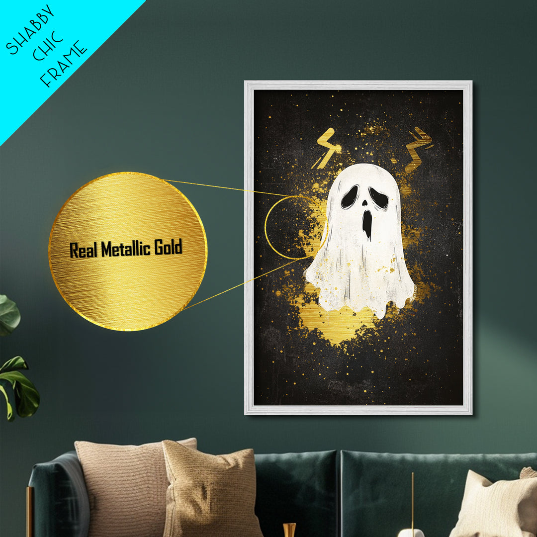 Ghostly Scream Metallic Gold Art Metal Art | Horror Halloween Wall Art With Real Wood Frame Gothic Haunted Decor