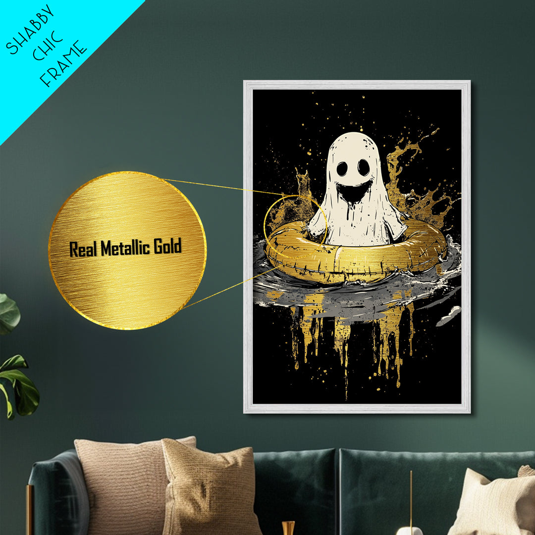 Smiling Ghost In Inner Tube Metallic Gold Art Metal Art | Creepy Cute Halloween Artwork Framed In Handcrafted Wood