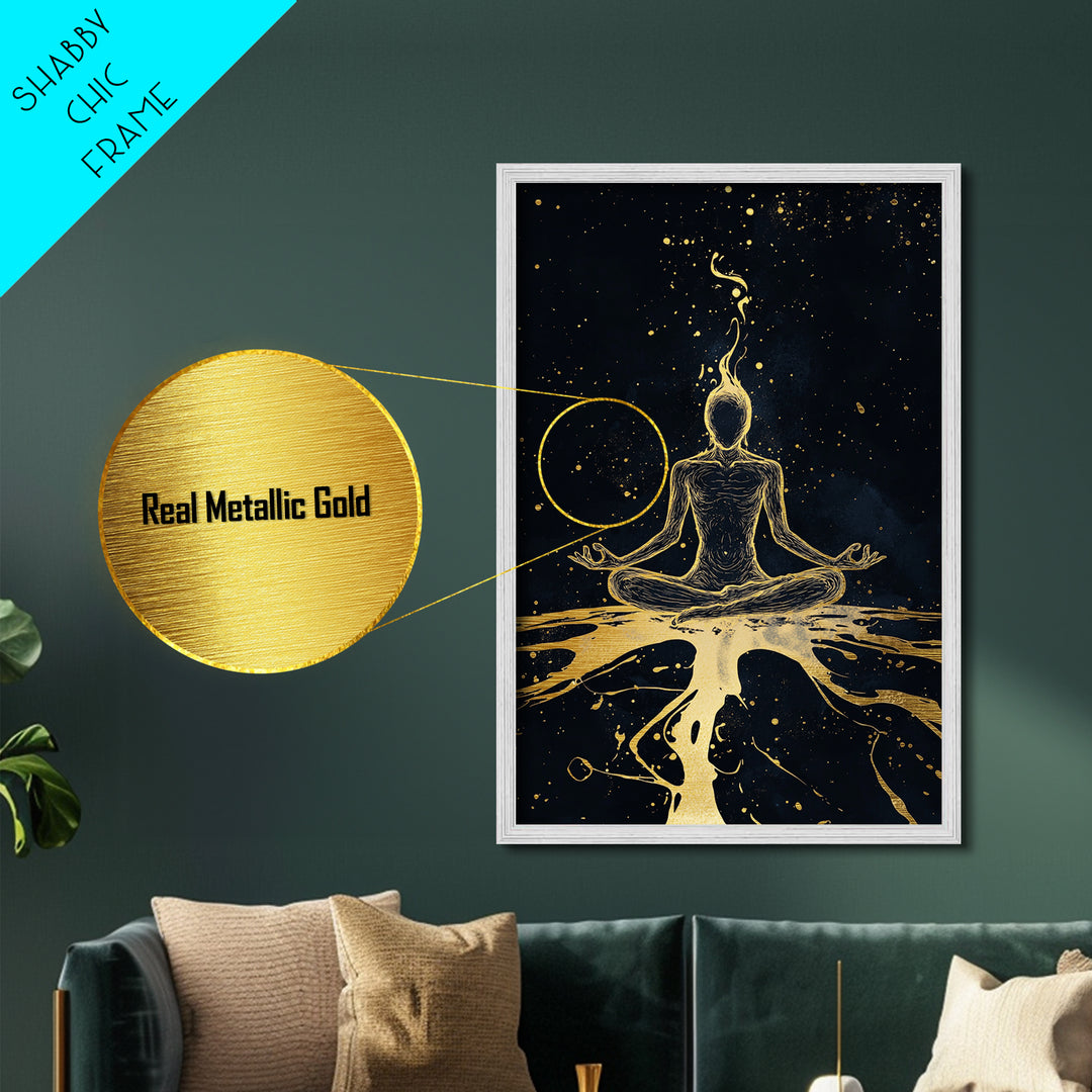 Mystical Meditation Figure Metallic Gold Art Metal Art | Spooky Season Witchy Decor In Real Wood Frame Cosmic Gothic