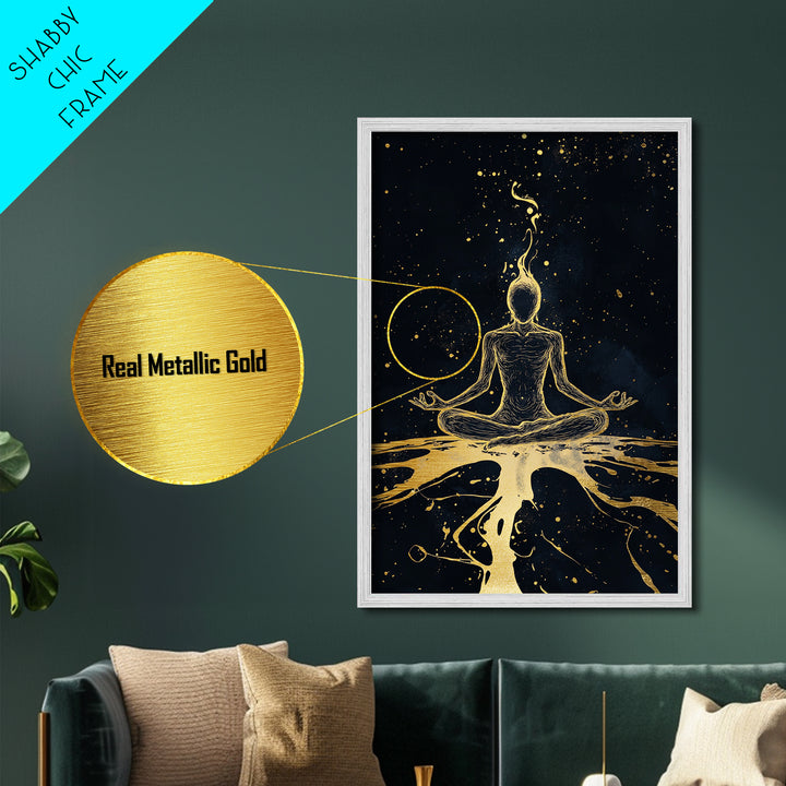 Mystical Meditation Figure Metallic Gold Art Metal Art | Spooky Season Witchy Decor In Real Wood Frame Cosmic Gothic