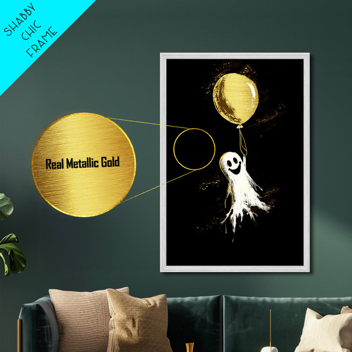 Playful Ghost With Balloon Metallic Gold Art Metal Art | Whimsical Spooky Season Halloween Artwork Real Wood Frame