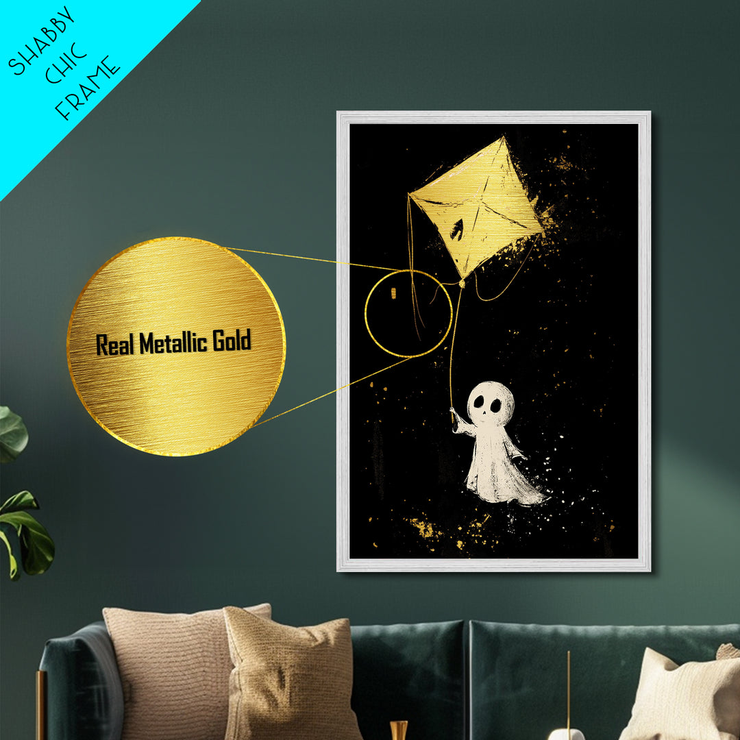 Sweet Ghost Flying A Kite Metallic Gold Art Metal Art | Cute Haunted Halloween Wall Art Framed In Rustic Real Wood