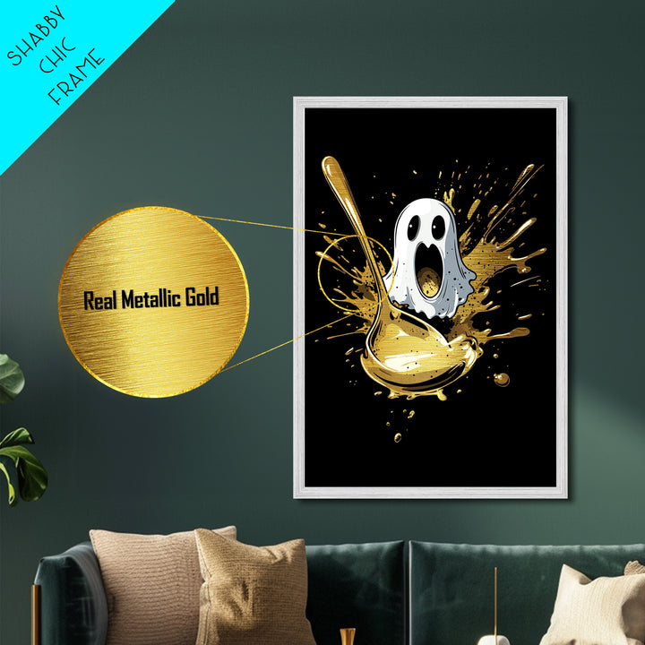 Spooky Ghost And Golden Spoon Metallic Gold Art Metal Art | Creepy Halloween Kitchen Wall Decor Framed In Real Wood