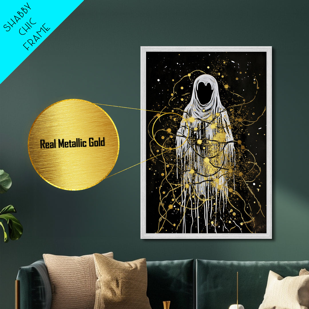 Haunted Spirit Wrapped In Lights Metallic Gold Art Metal Art | Gothic Spooky Season Wall Decor Real Wood Frame Finish