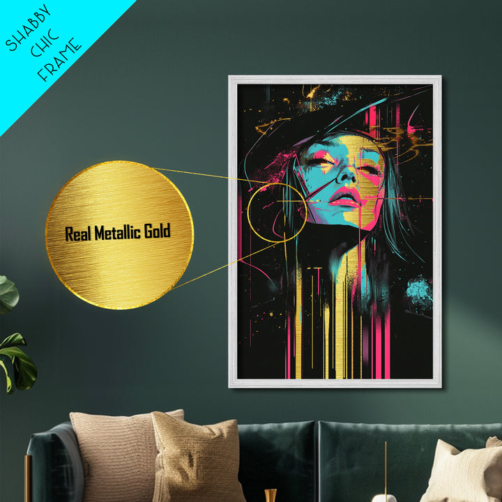 Neon Witch Portrait with Abstract Lines – Metallic Gold Art, Halloween Metal Art in Real Wood Frame, Psychedelic Spooky Decor