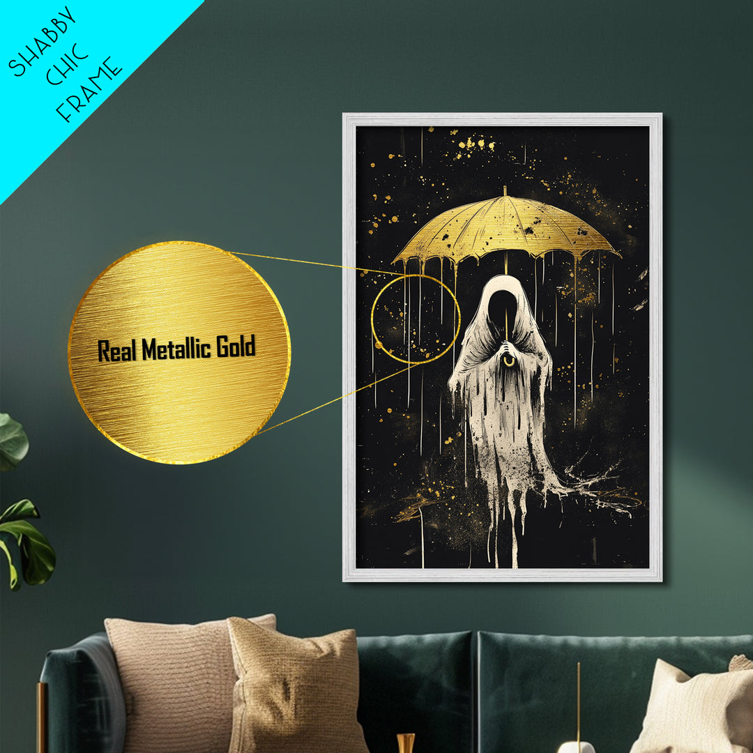 Ghostly Figure With Umbrella Metallic Gold Art Metal Art | Dark Creepy Halloween Wall Art Framed In Authentic Wood
