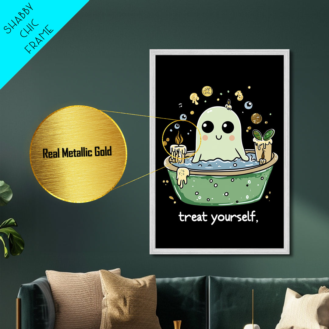 Witchy Ghost Spa Metallic Gold Art, Relaxing Bath Spooky Season Metal Art Framed In Real Wood, Funny Creepy Halloween Print