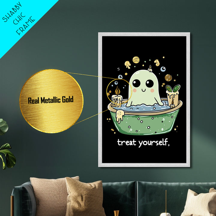 Witchy Ghost Spa Metallic Gold Art, Relaxing Bath Spooky Season Metal Art Framed In Real Wood, Funny Creepy Halloween Print