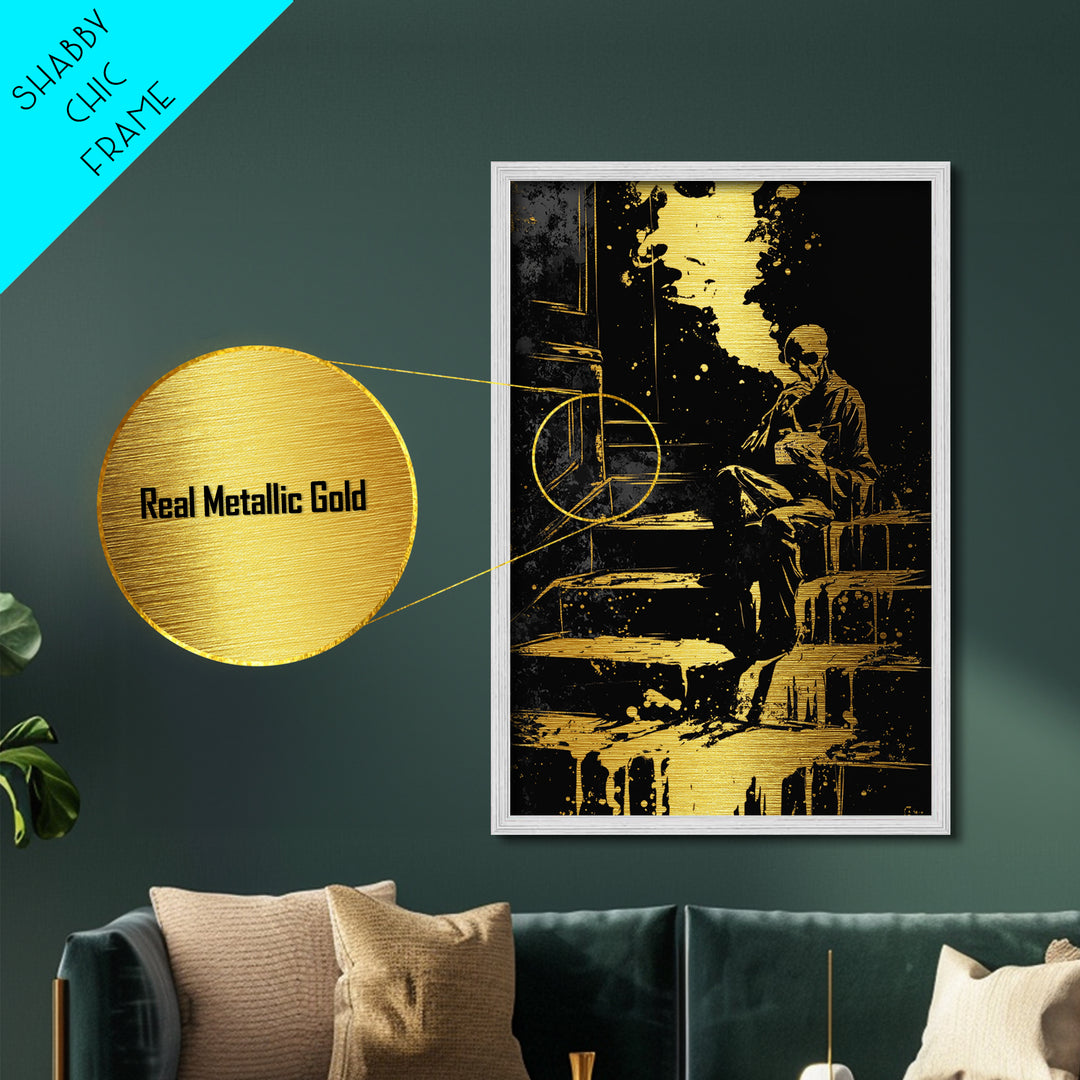 Gothic Skeleton Smoking Metallic Gold Art, Dark Haunted Horror Metal Art With Real Wood Frame, Spooky Gothic Halloween Decor