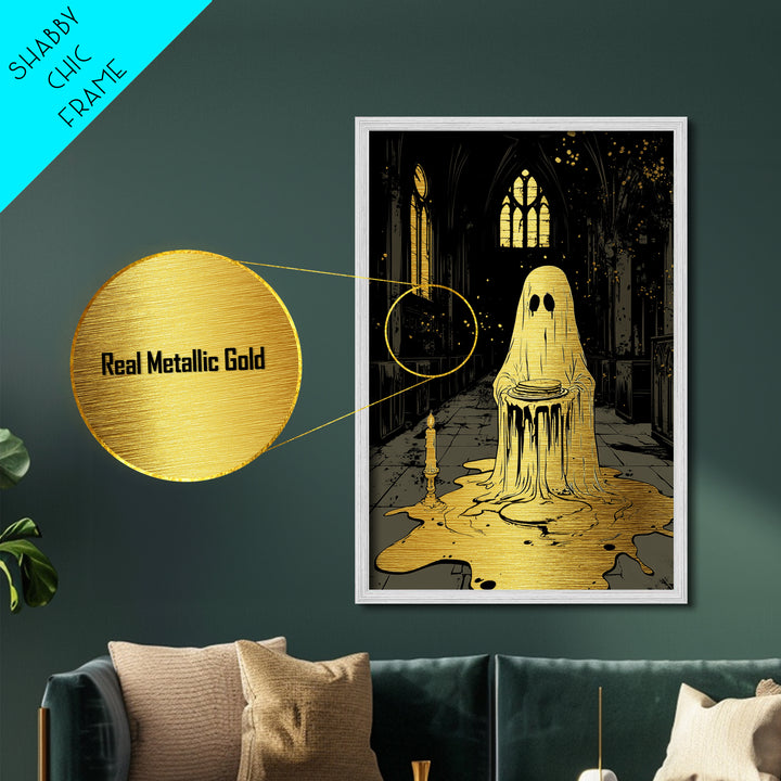 Ghost With Pancakes Metallic Gold Art, Creepy Haunted Cathedral Metal Art In Solid Wood Frame, Spooky Season Halloween Print