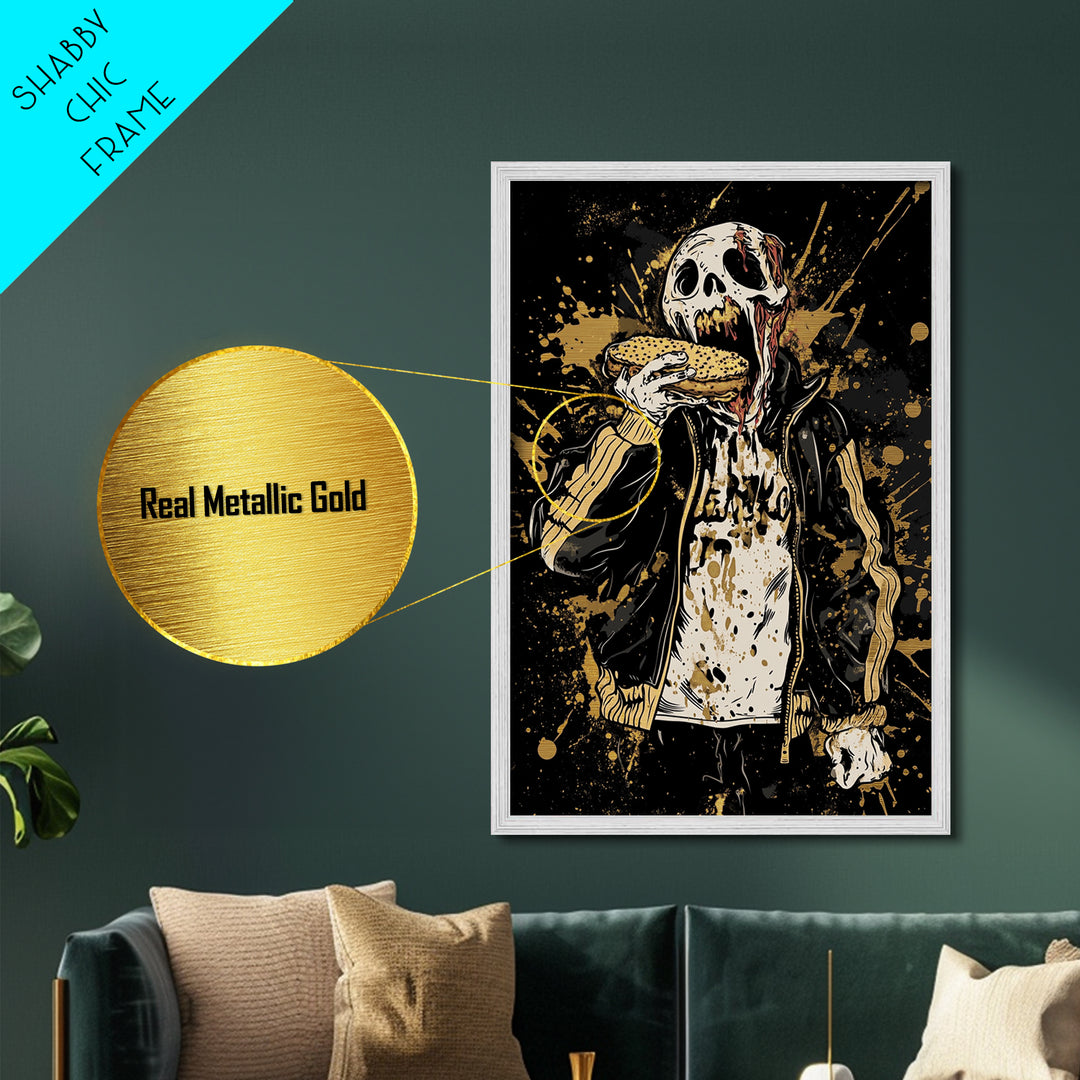 Zombie Eating Burger Metallic Gold Art, Creepy Spooky Halloween Metal Art With Real Wood Framing, Horror Goth Wall Decoration