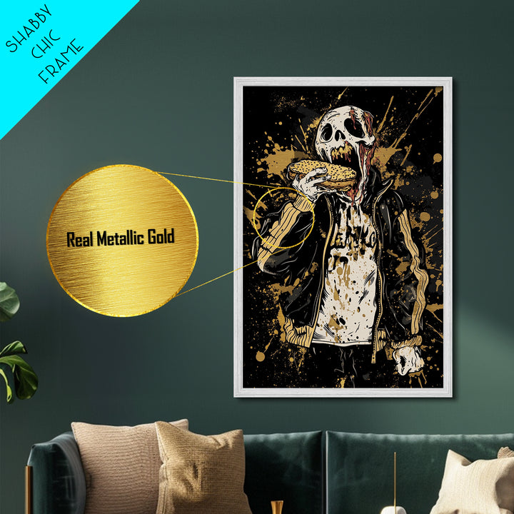 Zombie Eating Burger Metallic Gold Art, Creepy Spooky Halloween Metal Art With Real Wood Framing, Horror Goth Wall Decoration