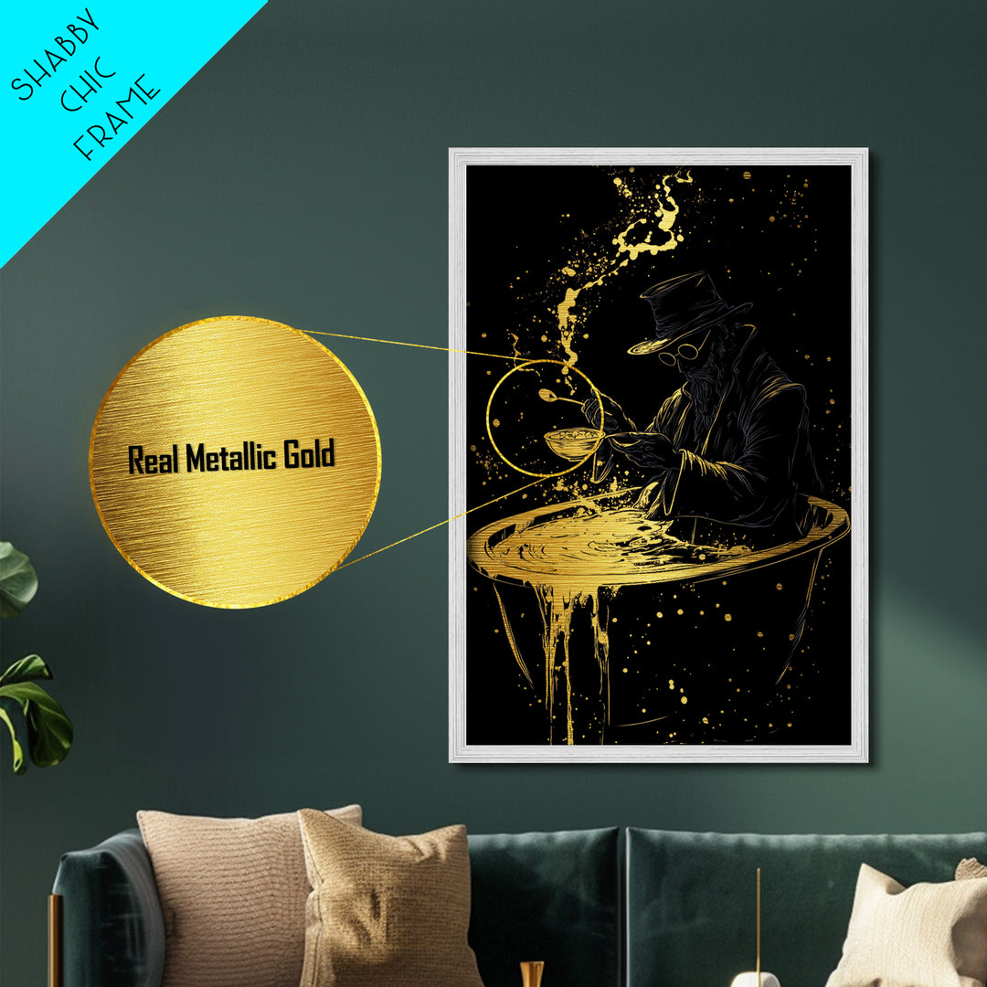 Haunted Alchemist Metallic Gold Art, Gothic Witchy Metal Art Framed In Natural Wood, Spooky Occult Halloween Wall Hanging
