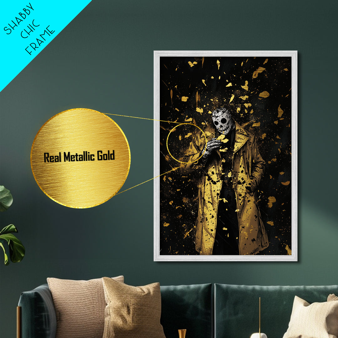 Masked Phantom Metallic Gold Art, Creepy Horror Metal Art Framed In Solid Wood, Spooky Haunted Season Halloween Wall Artwork