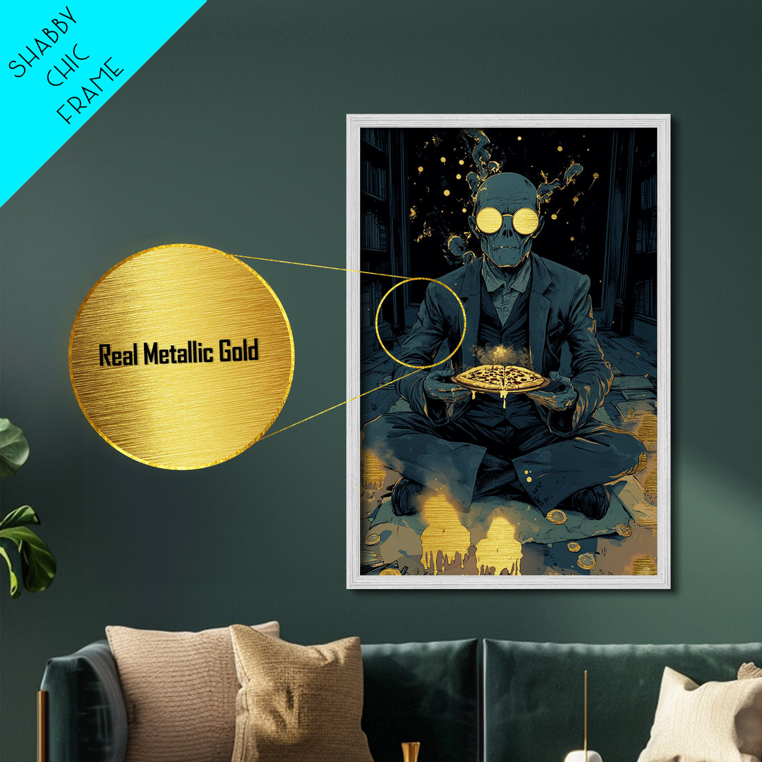 Skeleton Pizza Ritual Metallic Gold Art, Gothic Occult Spooky Season Metal Art In Real Wood Frame, Creepy Haunted Wall Print